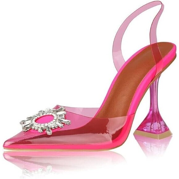 Womens Clear Heeled Sandals Pointed Toe Crystal Rhinestones Sparkly High 5.5 - Picture 1 of 6